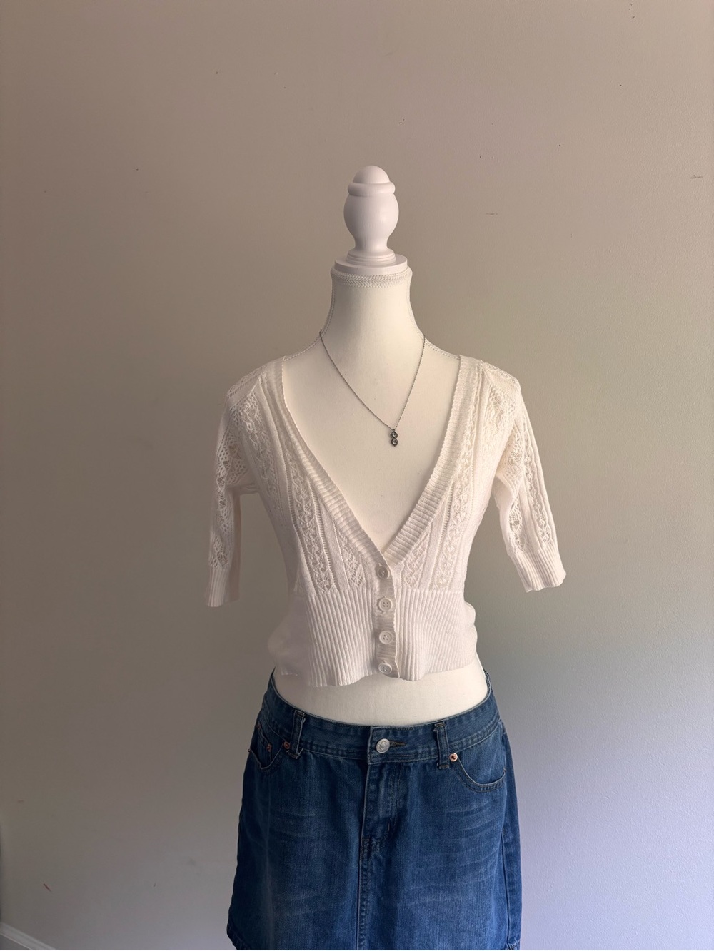 Smudge White Knit Cropped Button-Front Cardigan